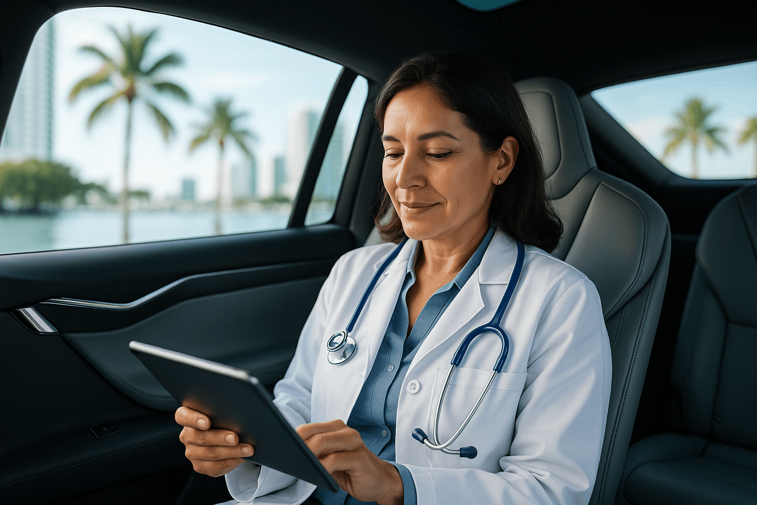 Miami doctor relaxing or working in the backseat of their car while being chauffeured